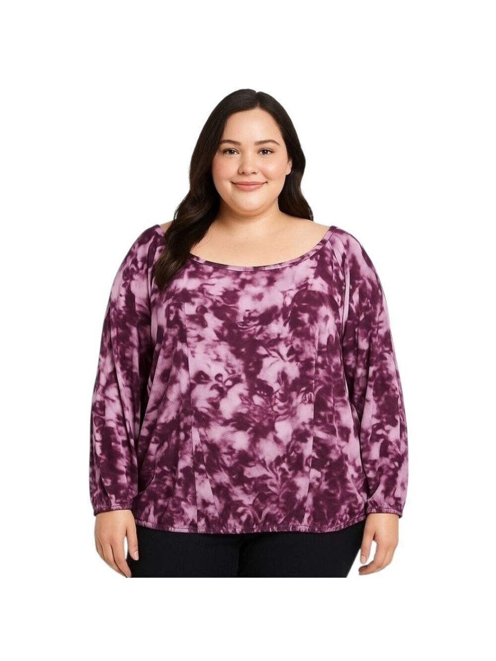 Daisy Fuentes Women’s 2X Cranberry Tie Dye Floral Long Sleeve Blouse Top